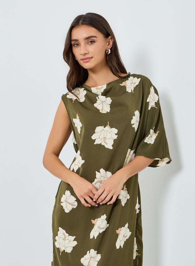 Women Green Floral Short Sleeves Shift Midi Dress